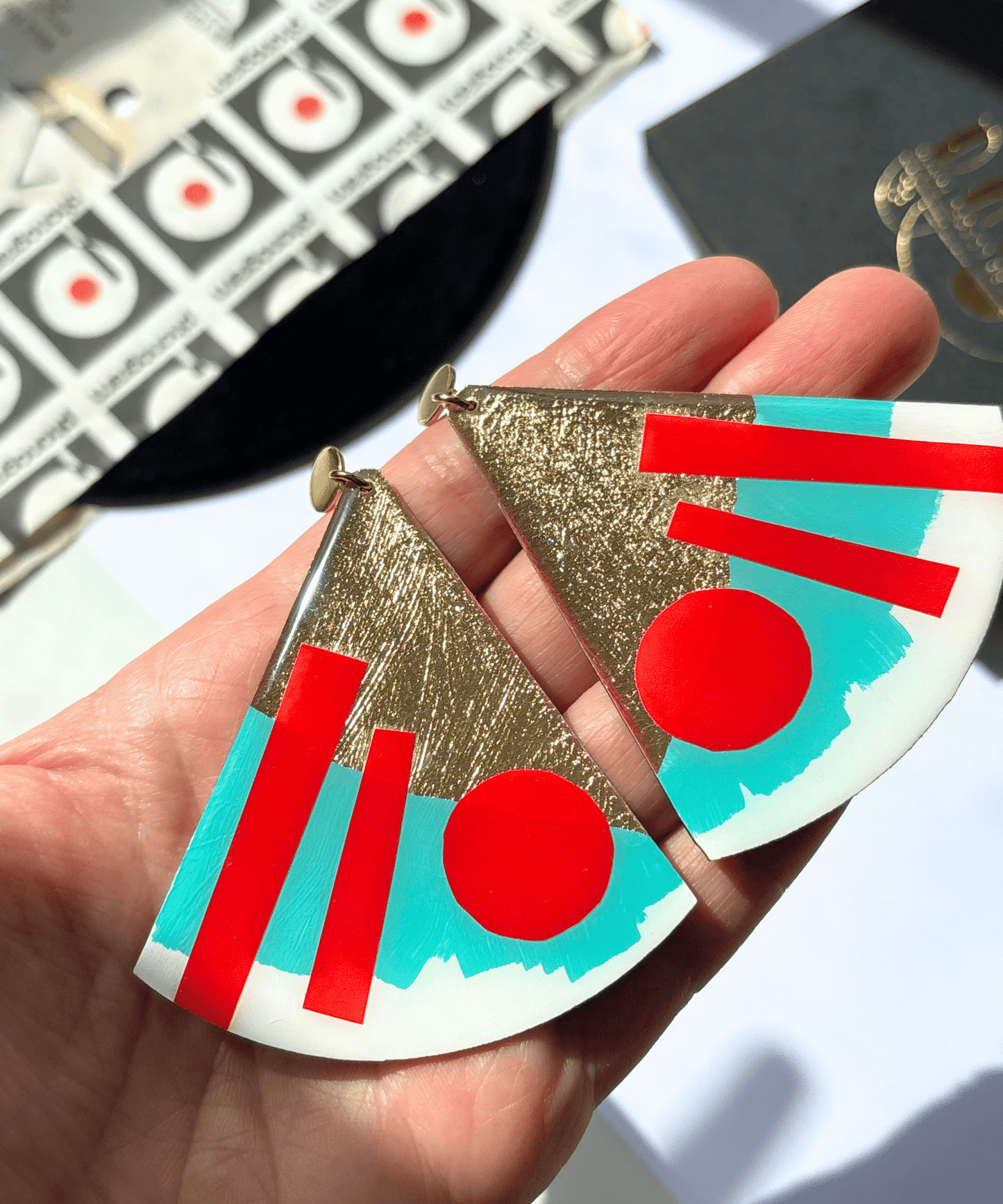 X-large abstract graphic statement earrings  in turquoise and red with delicious gold detail