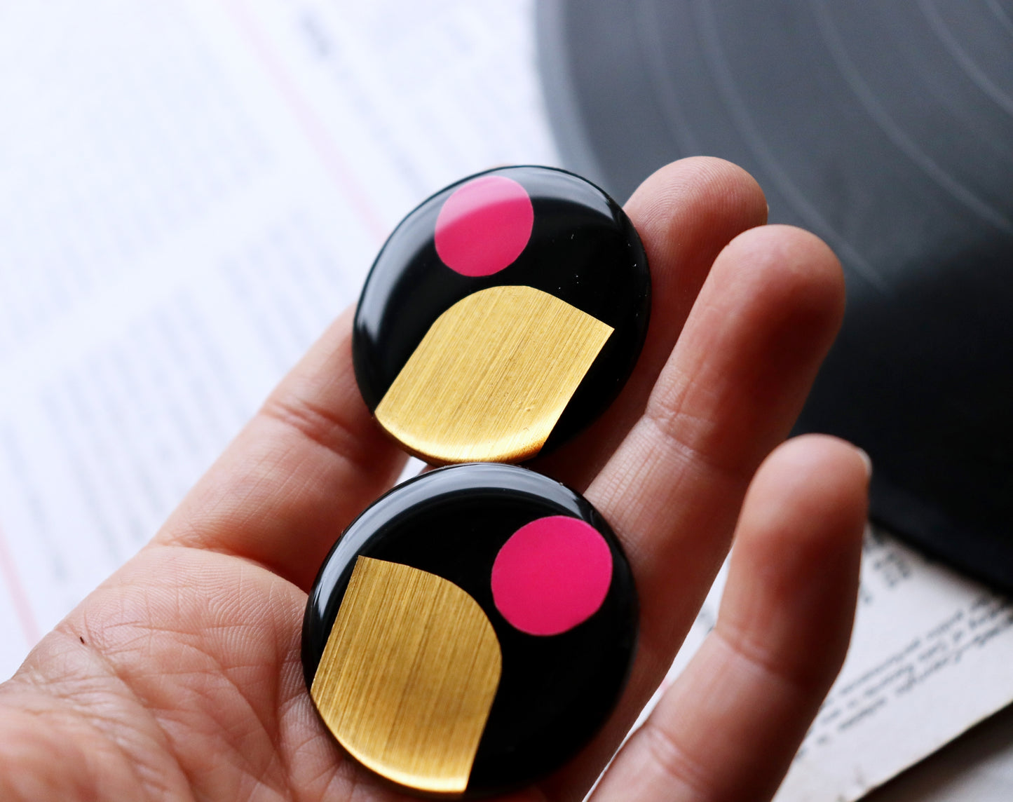 20% OFF / Large statement stud earrings in gold & fuchsia / upcycled vinyl record jewellery
