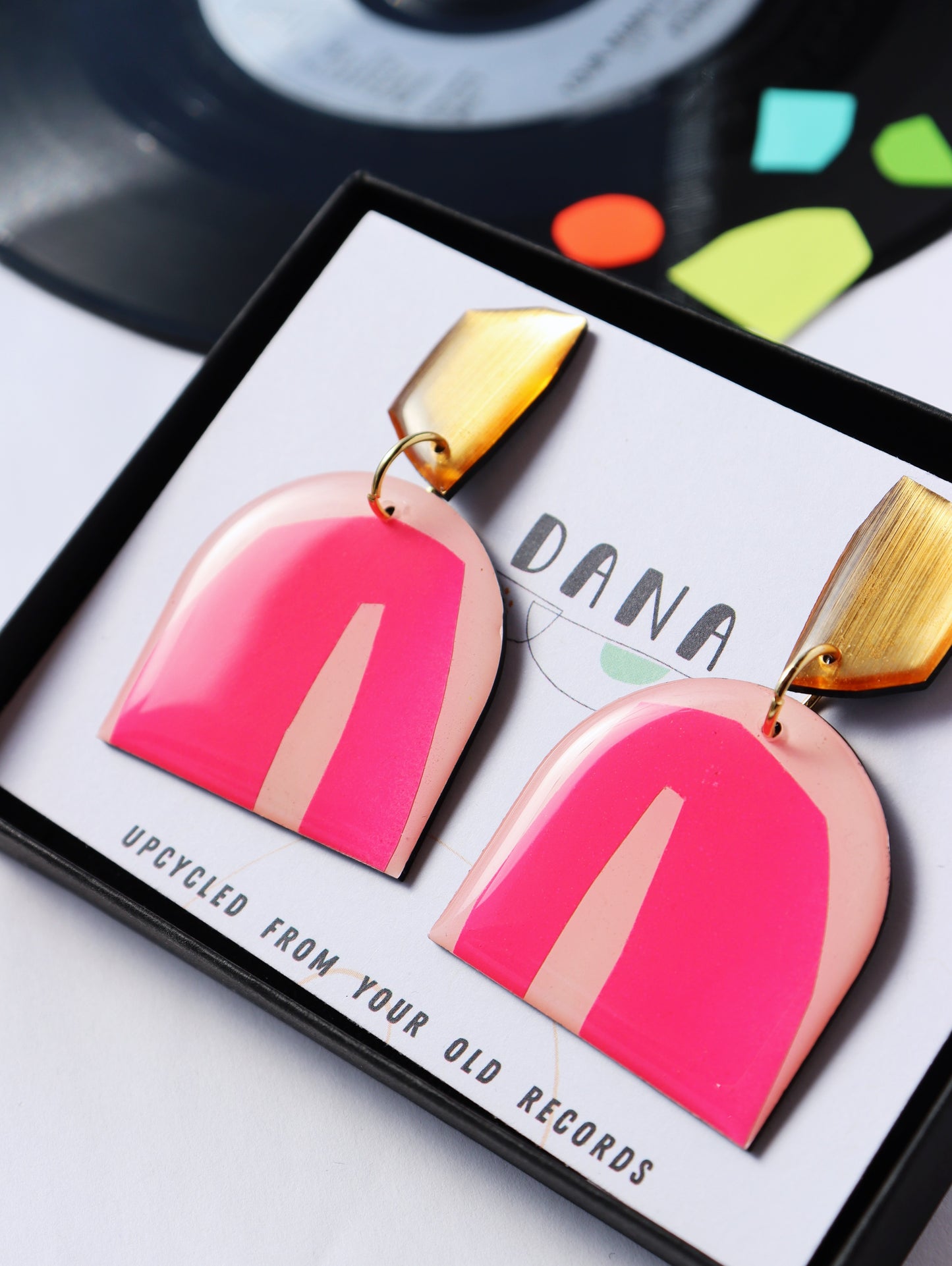 GEO NO.1 in hot hot pink and gold / unique upcycled art earrings