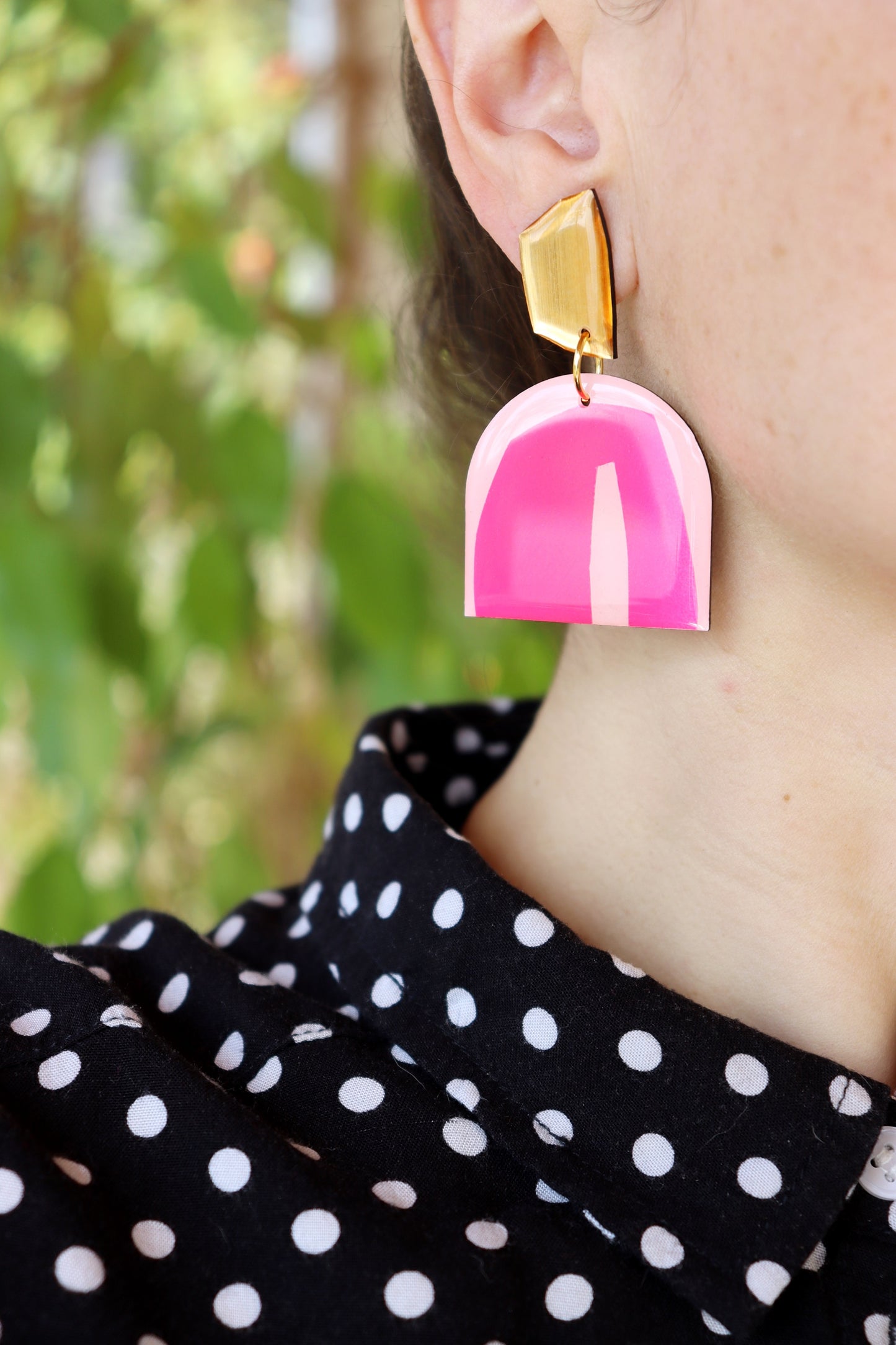 GEO NO.1 in hot hot pink and gold / unique upcycled art earrings