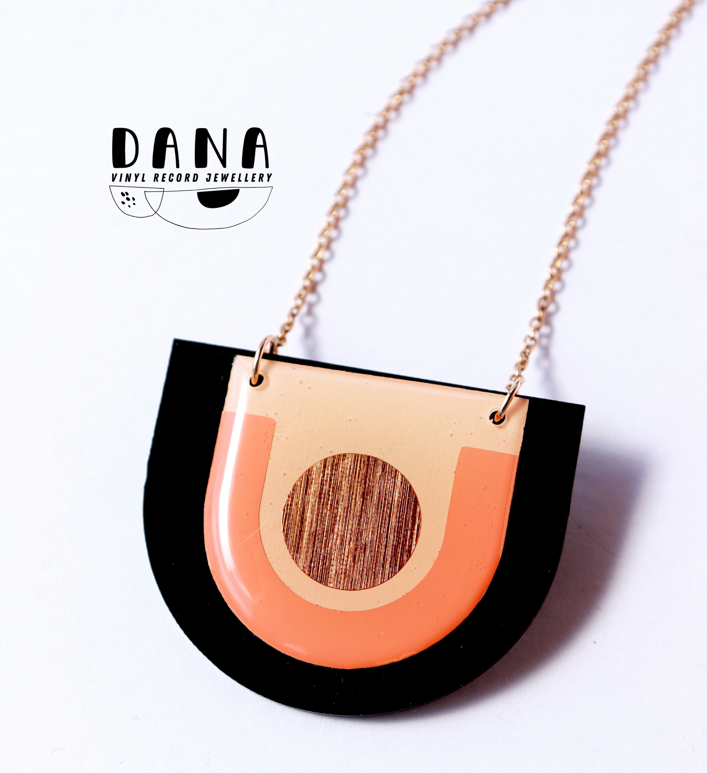 40% off / ARCH vinyl record necklace in warm pink, copper and black