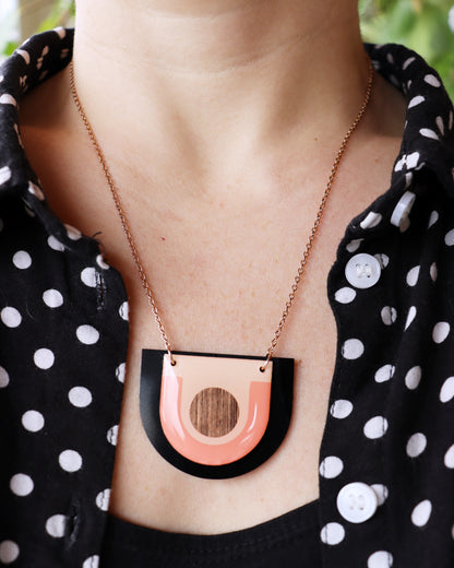 40% off / ARCH vinyl record necklace in warm pink, copper and black