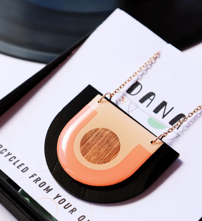 40% off / ARCH vinyl record necklace in warm pink, copper and black